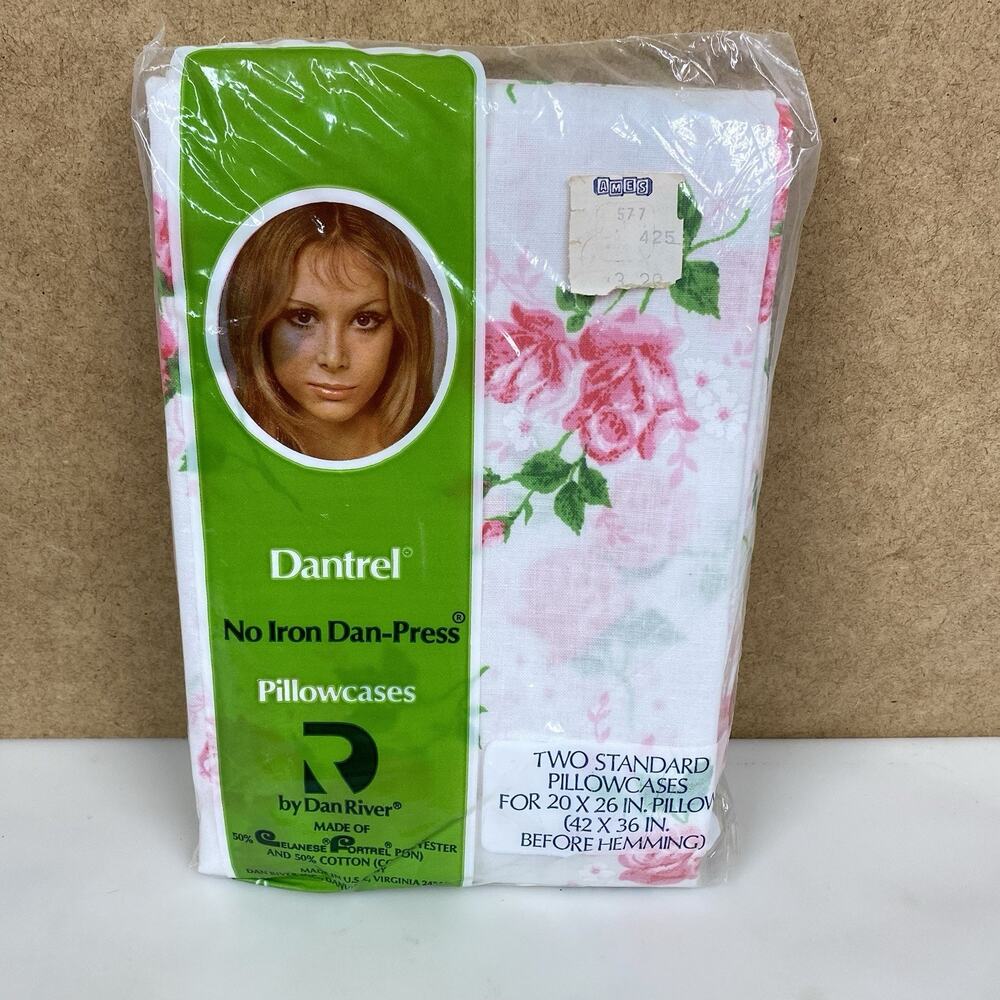 Vtg Dantrel 2 Standard Pillowcases Pink Floral Dan River No-Iron Cottagecore